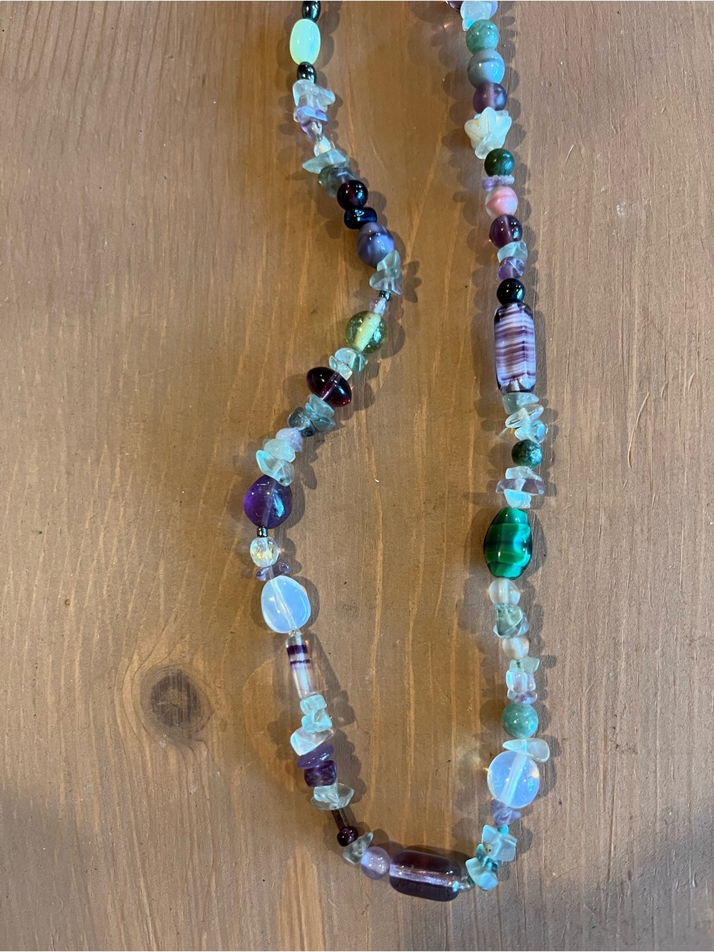 Fluorite hand crafted necklace bohemian healing positive vibes pearls glass ooak